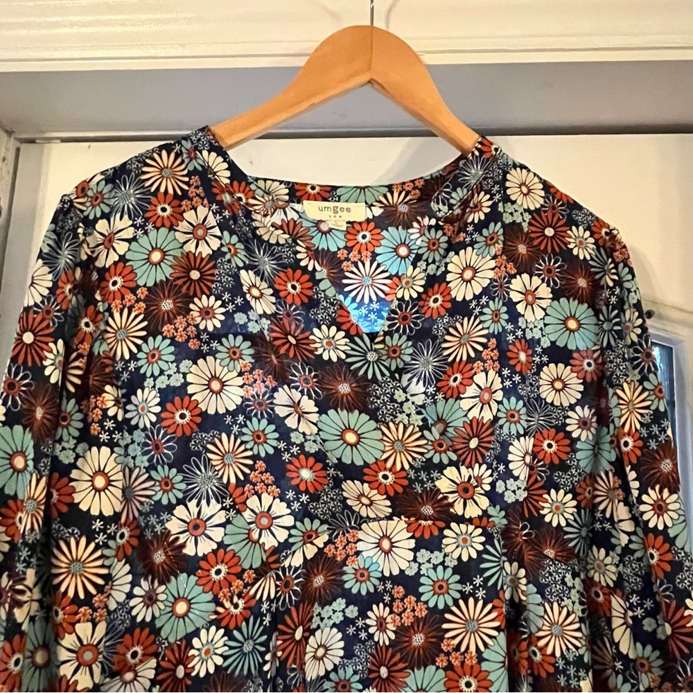 Umgee Long Sleeve Floral Maxi Dress in Brown, Cream, Blue, Rust - Picture 3 of 5
